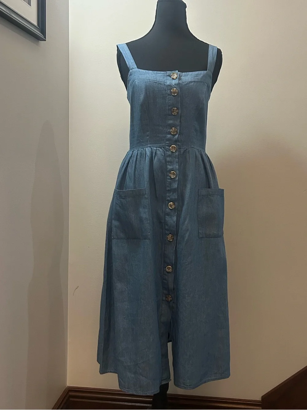 Rebellion Again Chambray Button Front Midi Sundress Blue 100% Cotton Size Small - Picture 7 of 8